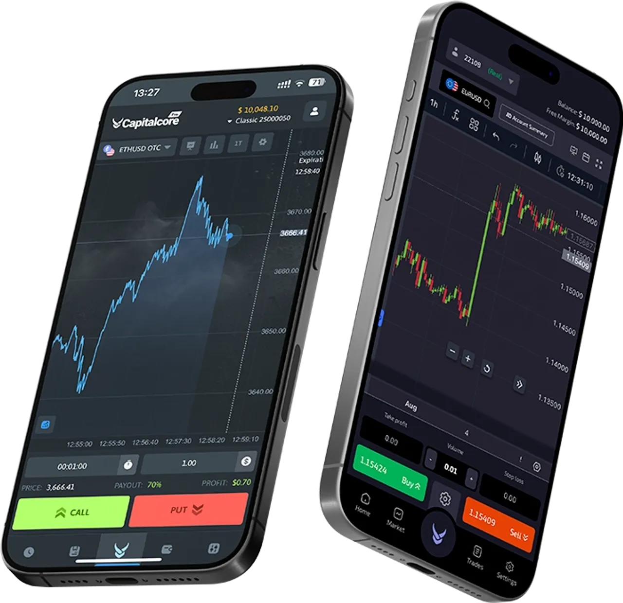 The Fidorix trading platform showing a live EUR/USD chart with the order panel and positions drawer.
